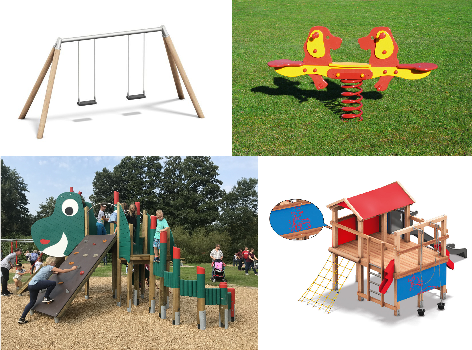 NEOSPIEL (so funktioniert Spiel): sowohl klassische Spielgeräte wie Schaukeln, Karusselle, Rutschbahnen, Klettergerüste etc. wie auch innovative Spielideen aus Holz und Metall für den öffentlichen Raum.