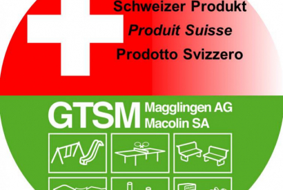 Swiss Made: GTSM Parkmobiliar, Bänke, Spielplatzgeräte markiert